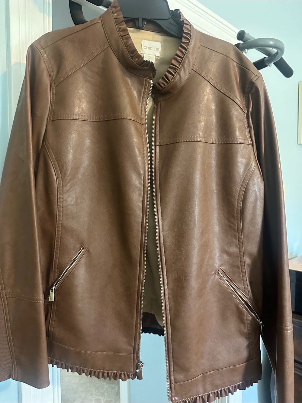 Chico's Women's Chestnut Brown Leather Zip Jacket with Ruffle Trim